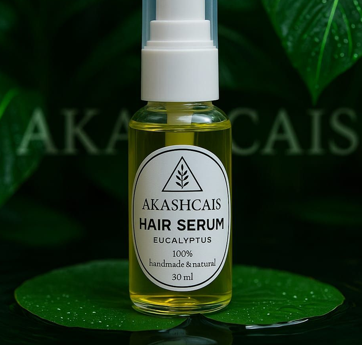 Frasco de sérum capilar de eucalipto 100% natural da Akashcais